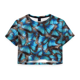 Женская футболка Crop-top 3D с принтом Небесный рой в Петрозаводске, 100% полиэстер | круглая горловина, длина футболки до линии талии, рукава с отворотами | бабочка | бабочки | белый | синий | черный | яркий цвет