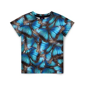 Детская футболка 3D с принтом Небесный рой в Петрозаводске, 100% гипоаллергенный полиэфир | прямой крой, круглый вырез горловины, длина до линии бедер, чуть спущенное плечо, ткань немного тянется | бабочка | бабочки | белый | синий | черный | яркий цвет