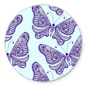 Коврик для мышки круглый с принтом Гжелевые бабочки в Петрозаводске, резина и полиэстер | круглая форма, изображение наносится на всю лицевую часть | бабочки | бирюзовый | гжель | синий