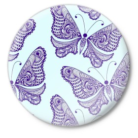 Значок с принтом Гжелевые бабочки в Петрозаводске,  металл | круглая форма, металлическая застежка в виде булавки | Тематика изображения на принте: бабочки | бирюзовый | гжель | синий