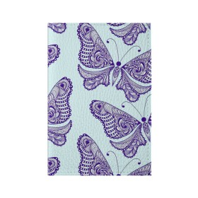 Обложка для паспорта матовая кожа с принтом Гжелевые бабочки в Петрозаводске, натуральная матовая кожа | размер 19,3 х 13,7 см; прозрачные пластиковые крепления | бабочки | бирюзовый | гжель | синий
