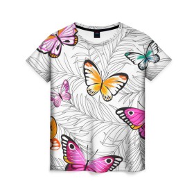 Женская футболка 3D с принтом Яркий рой в Петрозаводске, 100% полиэфир ( синтетическое хлопкоподобное полотно) | прямой крой, круглый вырез горловины, длина до линии бедер | бабочки | белый | желтый | оранжевый | прозрачный | розовый | фиолетовый | чёрный