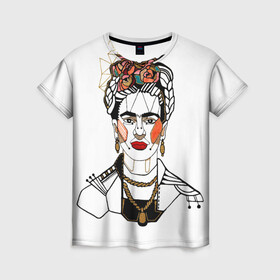 Женская футболка 3D с принтом Фрида Кало  в Петрозаводске, 100% полиэфир ( синтетическое хлопкоподобное полотно) | прямой крой, круглый вырез горловины, длина до линии бедер | кало | картинки | популярные | прикольные | фрида | цветы | человек