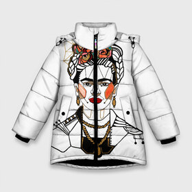 Зимняя куртка для девочек 3D с принтом Фрида Кало в Петрозаводске, ткань верха — 100% полиэстер; подклад — 100% полиэстер, утеплитель — 100% полиэстер. | длина ниже бедра, удлиненная спинка, воротник стойка и отстегивающийся капюшон. Есть боковые карманы с листочкой на кнопках, утяжки по низу изделия и внутренний карман на молнии. 

Предусмотрены светоотражающий принт на спинке, радужный светоотражающий элемент на пуллере молнии и на резинке для утяжки. | кало | картинки | популярные | прикольные | фрида | цветы | человек