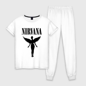 Женская пижама хлопок с принтом NIRVANA в Петрозаводске, 100% хлопок | брюки и футболка прямого кроя, без карманов, на брюках мягкая резинка на поясе и по низу штанин | nirvana | nirvana smells | nirvana smells like | teen spirit | курт кобейн | нирвана | нирвана песни.