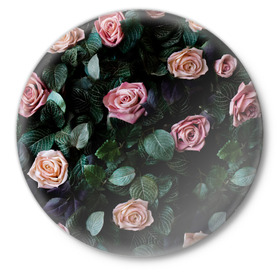Значок с принтом PINK ROSES в Петрозаводске,  металл | круглая форма, металлическая застежка в виде булавки | Тематика изображения на принте: листья | растения | розовые | розы | цветы