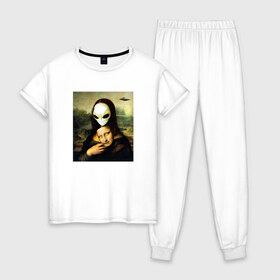 Женская пижама хлопок с принтом Mona Lisa в Петрозаводске, 100% хлопок | брюки и футболка прямого кроя, без карманов, на брюках мягкая резинка на поясе и по низу штанин | alien | da | gioconda | la | leonardo | lisa | mona | renaissance | smile | ufo | vinci | винчи | да | джоконда | инопланетянин | леонардо | лиза | мона | нло | ренессанс | улыбка