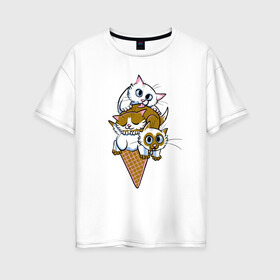 Женская футболка хлопок Oversize с принтом Ice Cream Cats в Петрозаводске, 100% хлопок | свободный крой, круглый ворот, спущенный рукав, длина до линии бедер
 | animal | cat | cute | kitty | meow | друг | еда | животные | киска | китти | кот | котенок | котик | кошечка | кошка | лев | леопард | милый | мороженое | мур | мяу | пантера | питомец | рысь | тигр | улыбка