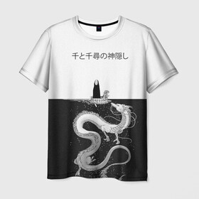 Мужская футболка 3D с принтом Тихиро плывет вместе с Безликим в Петрозаводске, 100% полиэфир | прямой крой, круглый вырез горловины, длина до линии бедер | studio ghibli | аниме | унесённые призраками | хаяо миядзаки