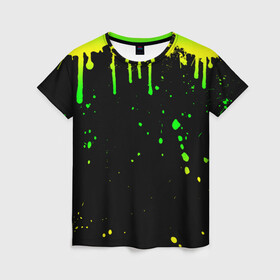 Женская футболка 3D с принтом НЕОНОВЫЕ ПОДТЕКИ в Петрозаводске, 100% полиэфир ( синтетическое хлопкоподобное полотно) | прямой крой, круглый вырез горловины, длина до линии бедер | вода | желтый | зеленый | капли | кляксы | краска | неон | неоновый | подтеки | пятна