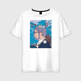 Женская футболка хлопок Oversize с принтом Хаяо Миядзаки в Петрозаводске, 100% хлопок | свободный крой, круглый ворот, спущенный рукав, длина до линии бедер
 | hayao miyazaki | аниме | гибли | студия ghibli | хаяо миядзаки