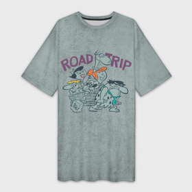 Платье-футболка 3D с принтом ROAD TRIP в Петрозаводске,  |  | bamm bamm rubble | barney rubble | bedrock | betty rubble | dino | flintstones | fred flintstone | hoppy | pebbles | stone age | vdgerir | wilma | флинстоун | флинтстоун