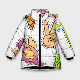 Зимняя куртка для девочек 3D с принтом Emoji в Петрозаводске, ткань верха — 100% полиэстер; подклад — 100% полиэстер, утеплитель — 100% полиэстер. | длина ниже бедра, удлиненная спинка, воротник стойка и отстегивающийся капюшон. Есть боковые карманы с листочкой на кнопках, утяжки по низу изделия и внутренний карман на молнии. 

Предусмотрены светоотражающий принт на спинке, радужный светоотражающий элемент на пуллере молнии и на резинке для утяжки. | emoji | еда | животные | звери | наклейки | позитив | смайлы | стикеры