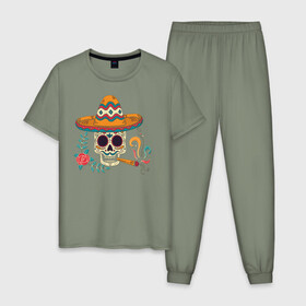 Мужская пижама хлопок с принтом Фестиваль в Петрозаводске, 100% хлопок | брюки и футболка прямого кроя, без карманов, на брюках мягкая резинка на поясе и по низу штанин
 | мексика | мексика. | череп