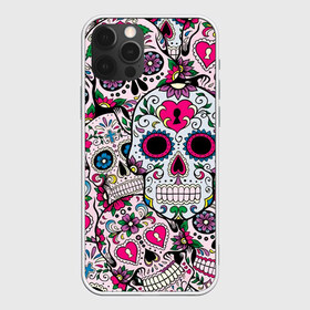 Чехол для iPhone 12 Pro Max с принтом Весёлые черепа в Петрозаводске, Силикон |  | doodling | textures | tiles | белый | день мёртвых | дудлинг | желтый | звезды | зеленый | красный | кремовый | розовый | синий | тайлы | текстуры | фон | цветы | череп | черепа | черный