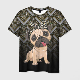 Мужская футболка 3D с принтом милый мопс в Петрозаводске, 100% полиэфир | прямой крой, круглый вырез горловины, длина до линии бедер | versace | арт | версаче | гламурный | животные | золото | картинка | леопард | милый | мода | мопс | мопсиха | пес | песик | рисунок | собака