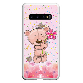 Чехол для Samsung Galaxy S10 с принтом Милый мишка с цветочком в Петрозаводске, Силикон | Область печати: задняя сторона чехла, без боковых панелей | воробушек | воробьи | медведь | медвежонок | мишка | плюшевый мишка | подарок | птичка | цветок | цветочки