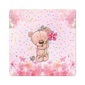 Магнит виниловый Квадрат с принтом Милый мишка с цветочком в Петрозаводске, полимерный материал с магнитным слоем | размер 9*9 см, закругленные углы | воробушек | воробьи | медведь | медвежонок | мишка | плюшевый мишка | подарок | птичка | цветок | цветочки