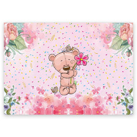 Поздравительная открытка с принтом Милый мишка с цветочком в Петрозаводске, 100% бумага | плотность бумаги 280 г/м2, матовая, на обратной стороне линовка и место для марки
 | воробушек | воробьи | медведь | медвежонок | мишка | плюшевый мишка | подарок | птичка | цветок | цветочки