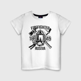 Детская футболка хлопок с принтом FIREFIGHTER RUSSIA в Петрозаводске, 100% хлопок | круглый вырез горловины, полуприлегающий силуэт, длина до линии бедер | Тематика изображения на принте: 112 | 23 февраля | 27 декабря | firefighter | герб | гкчс | знак | лого | логотип | министерство | мчс | мчс россии | мчсник | по чрезв | пожарная охрана | пожарник | пожарный | пч | россии | рф | символ | ситуации
