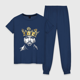 Женская пижама хлопок с принтом Ice Cube King в Петрозаводске, 100% хлопок | брюки и футболка прямого кроя, без карманов, на брюках мягкая резинка на поясе и по низу штанин | 2pac | black | compton | dog | dr dre | hip hop | ice cube | king | nwa | rap | snoop dogg | west coast | westside | айс кьюб | гангстер | голос улиц | король | микрофон | музыка | рифма | рэп | рэпер | хип хоп