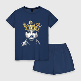Женская пижама с шортиками хлопок с принтом Ice Cube King в Петрозаводске, 100% хлопок | футболка прямого кроя, шорты свободные с широкой мягкой резинкой | 2pac | black | compton | dog | dr dre | hip hop | ice cube | king | nwa | rap | snoop dogg | west coast | westside | айс кьюб | гангстер | голос улиц | король | микрофон | музыка | рифма | рэп | рэпер | хип хоп