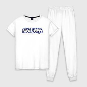 Женская пижама хлопок с принтом New York в Петрозаводске, 100% хлопок | брюки и футболка прямого кроя, без карманов, на брюках мягкая резинка на поясе и по низу штанин | graffity | ny | nyc | граффити | нью йорк