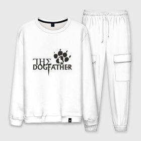 Мужской костюм хлопок с принтом The Dogfather в Петрозаводске, 100% хлопок | на свитшоте круглая горловина, мягкая резинка по низу. Брюки заужены к низу, на них два вида карманов: два “обычных” по бокам и два объемных, с клапанами, расположенные ниже линии бедра. Брюки с мягкой трикотажной резинкой на поясе и по низу штанин. В поясе для дополнительного комфорта — широкие завязки | amimals | dog | doggy | woof | арт | боксер | бульдог | бультерьер | волк | гав | доберман | дог | долматинец | друг | животные | йорк | картинка | мопс | овчарка | пёс | песик | питомец | пудель | рисунок | сенбернар