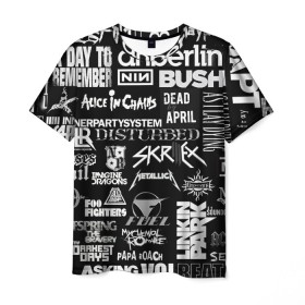 Мужская футболка 3D с принтом Рок группы в Петрозаводске, 100% полиэфир | прямой крой, круглый вырез горловины, длина до линии бедер | английский | белый | иностранные надписи | музыка | название | рок | серый | черный | черный фон