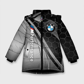 Зимняя куртка для девочек 3D с принтом BMW M POWER в Петрозаводске, ткань верха — 100% полиэстер; подклад — 100% полиэстер, утеплитель — 100% полиэстер. | длина ниже бедра, удлиненная спинка, воротник стойка и отстегивающийся капюшон. Есть боковые карманы с листочкой на кнопках, утяжки по низу изделия и внутренний карман на молнии. 

Предусмотрены светоотражающий принт на спинке, радужный светоотражающий элемент на пуллере молнии и на резинке для утяжки. | bmw | bmw motorsport | bmw performance | carbon | m | m power | motorsport | performance | sport | бмв | карбон | моторспорт | спорт