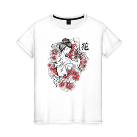 Женская футболка хлопок с принтом Гейша в Петрозаводске, 100% хлопок | прямой крой, круглый вырез горловины, длина до линии бедер, слегка спущенное плечо | иллюстрация | рисунок | сакура | цветы | япония