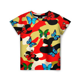Детская футболка 3D с принтом Камуфляжные бабочки в Петрозаводске, 100% гипоаллергенный полиэфир | прямой крой, круглый вырез горловины, длина до линии бедер, чуть спущенное плечо, ткань немного тянется | бабочки | камуфляж | камуфляжные бабочки | хаки