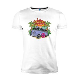 Мужская футболка премиум с принтом Hello Summer в Петрозаводске, 92% хлопок, 8% лайкра | приталенный силуэт, круглый вырез ворота, длина до линии бедра, короткий рукав | beach | fun | sea | summer | vacation | веселье | лето | море | отдых | пляж