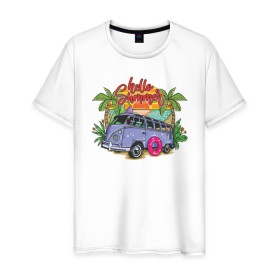Мужская футболка хлопок с принтом Hello Summer в Петрозаводске, 100% хлопок | прямой крой, круглый вырез горловины, длина до линии бедер, слегка спущенное плечо. | beach | fun | sea | summer | vacation | веселье | лето | море | отдых | пляж