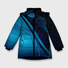 Зимняя куртка для девочек 3D с принтом ABSTRACT BLUE в Петрозаводске, ткань верха — 100% полиэстер; подклад — 100% полиэстер, утеплитель — 100% полиэстер. | длина ниже бедра, удлиненная спинка, воротник стойка и отстегивающийся капюшон. Есть боковые карманы с листочкой на кнопках, утяжки по низу изделия и внутренний карман на молнии. 

Предусмотрены светоотражающий принт на спинке, радужный светоотражающий элемент на пуллере молнии и на резинке для утяжки. | abstraction | geometry | hexagon | neon | paints | stripes | texture | triangle | абстракция | брызги | геометрия | краски | неон | неоновый | соты | текстура