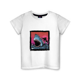 Детская футболка хлопок с принтом White Shark в Петрозаводске, 100% хлопок | круглый вырез горловины, полуприлегающий силуэт, длина до линии бедер | Тематика изображения на принте: белая акула | животные | зубы | лето | море | опасный | пальмы | пляж | природа | ретро | рыба | хищник | челюсть | чудовище