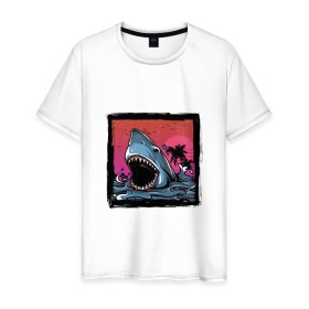 Мужская футболка хлопок с принтом White Shark в Петрозаводске, 100% хлопок | прямой крой, круглый вырез горловины, длина до линии бедер, слегка спущенное плечо. | белая акула | животные | зубы | лето | море | опасный | пальмы | пляж | природа | ретро | рыба | хищник | челюсть | чудовище
