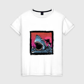 Женская футболка хлопок с принтом White Shark в Петрозаводске, 100% хлопок | прямой крой, круглый вырез горловины, длина до линии бедер, слегка спущенное плечо | белая акула | животные | зубы | лето | море | опасный | пальмы | пляж | природа | ретро | рыба | хищник | челюсть | чудовище