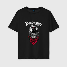 Женская футболка хлопок Oversize с принтом Dangerous в Петрозаводске, 100% хлопок | свободный крой, круглый ворот, спущенный рукав, длина до линии бедер
 | dangerous | гангстер | кот | кот в каске | кот хулиган | опасен | опасность