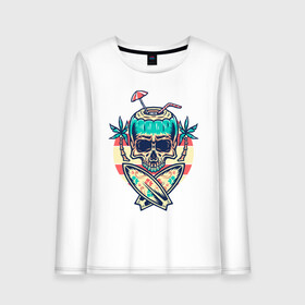 Женский лонгслив хлопок с принтом Skull Summer в Петрозаводске, 100% хлопок |  | art | cocktail | palm | skull | surfboards | umbrella | арт | доски для серфинга | зонтик | коктейль | пальмы | череп