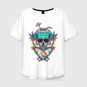 Мужская футболка хлопок Oversize с принтом Skull Summer в Петрозаводске, 100% хлопок | свободный крой, круглый ворот, “спинка” длиннее передней части | art | cocktail | palm | skull | surfboards | umbrella | арт | доски для серфинга | зонтик | коктейль | пальмы | череп