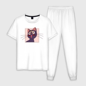 Мужская пижама хлопок с принтом Luna, Sailor Moon в Петрозаводске, 100% хлопок | брюки и футболка прямого кроя, без карманов, на брюках мягкая резинка на поясе и по низу штанин
 | Тематика изображения на принте: 90s | cat | cute | kawaii | kitty | luna | sailor moon | usagi tsukino | аниме | каваии | кавай | кот | котики | луна | манга | марс | меркурий | милота | сейлор | сейлор мун | усаги цукино