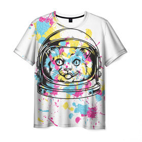Мужская футболка 3D с принтом Кот в скафандре в Петрозаводске, 100% полиэфир | прямой крой, круглый вырез горловины, длина до линии бедер | арт | в космосе | животные | картинка | кляксы | космос | кот | кошка | принт | рисунок | скафандр | цветное