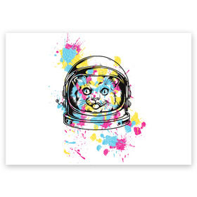 Поздравительная открытка с принтом Кот в скафандре в Петрозаводске, 100% бумага | плотность бумаги 280 г/м2, матовая, на обратной стороне линовка и место для марки
 | арт | в космосе | животные | картинка | кляксы | космос | кот | кошка | принт | рисунок | скафандр | цветное