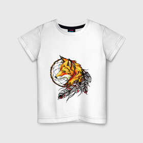 Детская футболка хлопок с принтом Страж снов в Петрозаводске, 100% хлопок | круглый вырез горловины, полуприлегающий силуэт, длина до линии бедер | арт | желтый | животные | картинка | лис | лиса | ловец снов | перо | перья | рисунок | рыжий