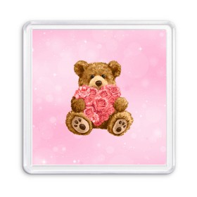 Магнит 55*55 с принтом Плюшевый медведь с сердечком в Петрозаводске, Пластик | Размер: 65*65 мм; Размер печати: 55*55 мм | арт | животные | картинка | медвежонок | мишка | плюшевый медведь | рисунок | розовые цветы | розочки | розы | сердечко | сердце | сердце из роз | цветы