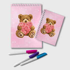 Блокнот с принтом Плюшевый медведь с сердечком в Петрозаводске, 100% бумага | 48 листов, плотность листов — 60 г/м2, плотность картонной обложки — 250 г/м2. Листы скреплены удобной пружинной спиралью. Цвет линий — светло-серый
 | Тематика изображения на принте: арт | животные | картинка | медвежонок | мишка | плюшевый медведь | рисунок | розовые цветы | розочки | розы | сердечко | сердце | сердце из роз | цветы