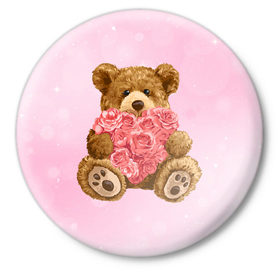 Значок с принтом Плюшевый медведь с сердечком в Петрозаводске,  металл | круглая форма, металлическая застежка в виде булавки | Тематика изображения на принте: арт | животные | картинка | медвежонок | мишка | плюшевый медведь | рисунок | розовые цветы | розочки | розы | сердечко | сердце | сердце из роз | цветы
