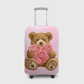 Чехол для чемодана 3D с принтом Плюшевый медведь с сердечком в Петрозаводске, 86% полиэфир, 14% спандекс | двустороннее нанесение принта, прорези для ручек и колес | арт | животные | картинка | медвежонок | мишка | плюшевый медведь | рисунок | розовые цветы | розочки | розы | сердечко | сердце | сердце из роз | цветы