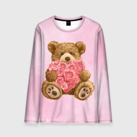 Мужской лонгслив 3D с принтом Плюшевый медведь с сердечком в Петрозаводске, 100% полиэстер | длинные рукава, круглый вырез горловины, полуприлегающий силуэт | арт | животные | картинка | медвежонок | мишка | плюшевый медведь | рисунок | розовые цветы | розочки | розы | сердечко | сердце | сердце из роз | цветы